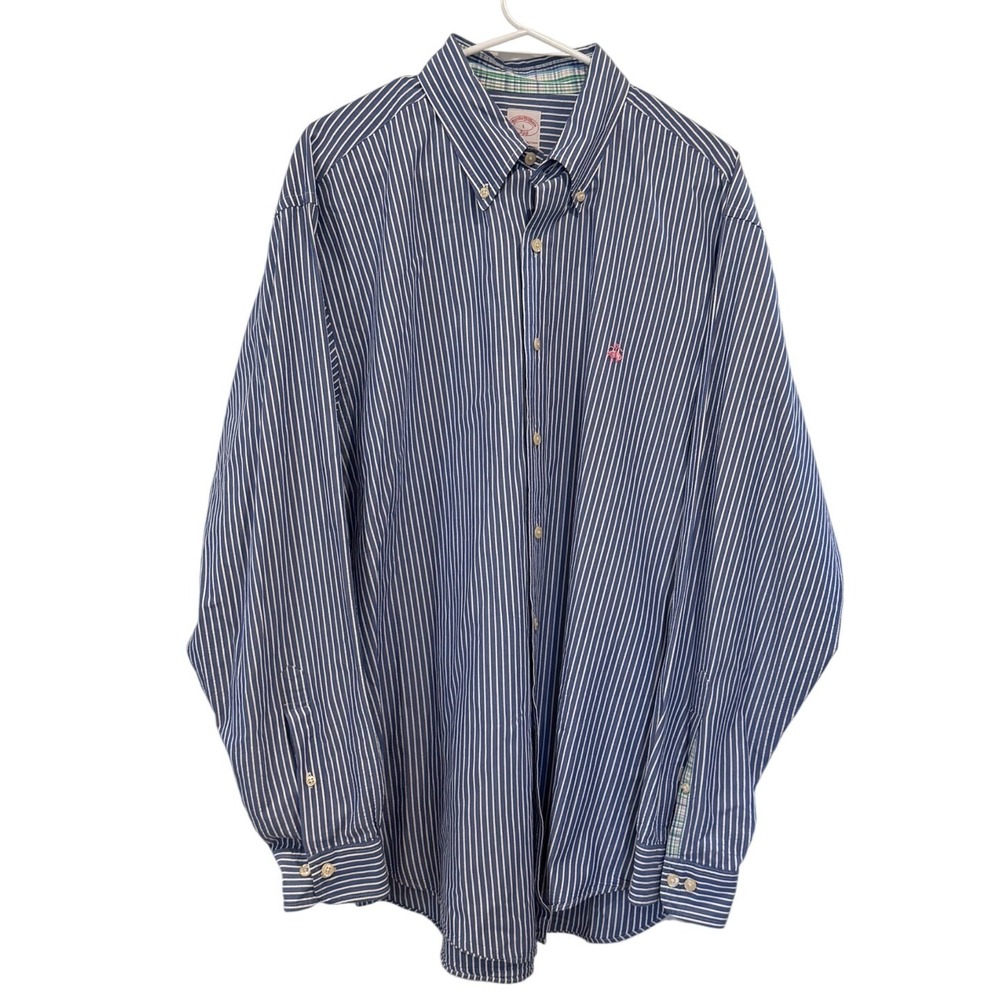Brooks Brothers 346 Mens Large Blue White Striped Button‎ Down Shirt Pink Logo
